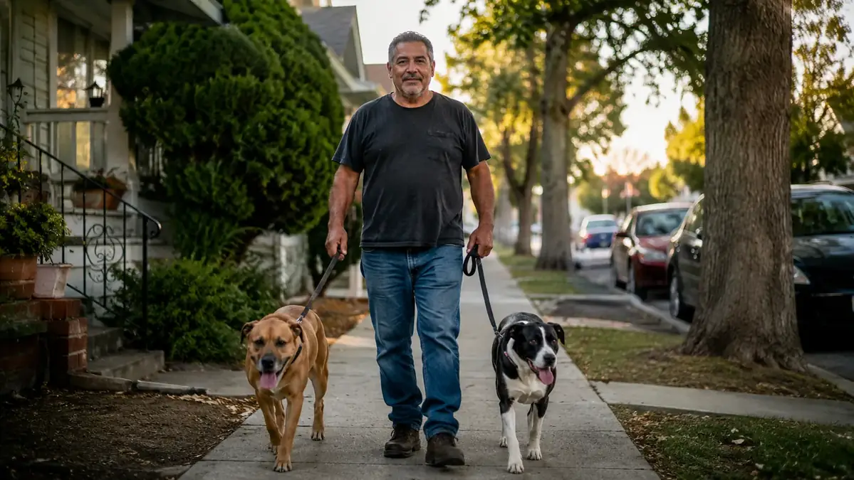 Man walking two dogs on a quiet street in early morning after loosening up his back