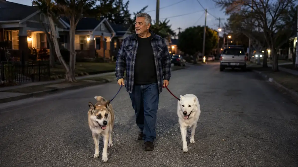 Driver walking two dogs on a neighborhood sidewalk after a shift, using the walk to loosen up
