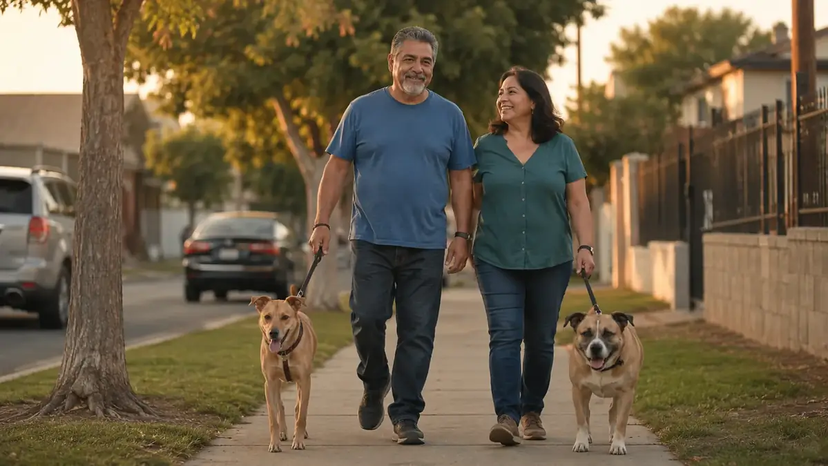 Man in his fifties walking two dogs on a neighborhood sidewalk with his wife at dusk