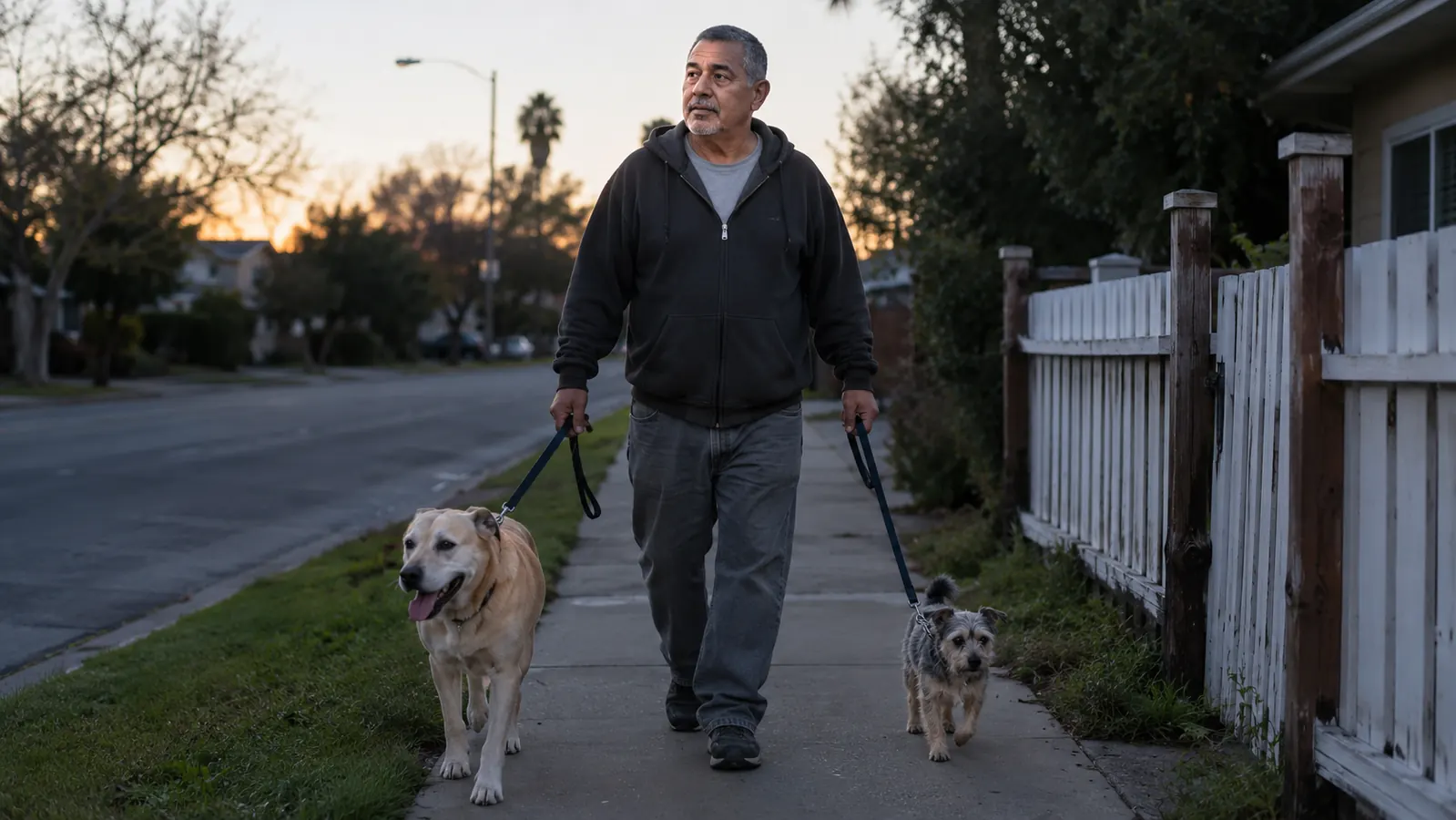 Man in his mid-50s walking two dogs on leashes down a quiet street in early morning light before his shift