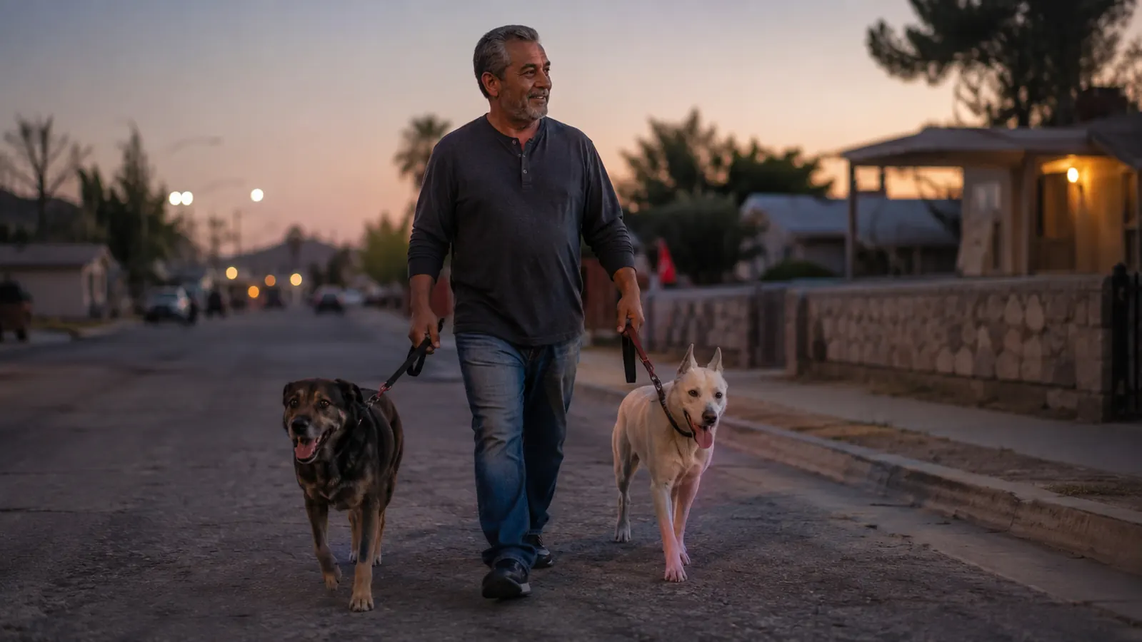 Man walking two dogs on a quiet street at dusk, looser posture than in the hero image