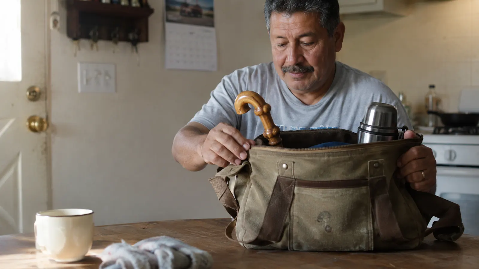 A worn canvas work bag on a kitchen table with a wooden massage cane tucked inside next to a thermos