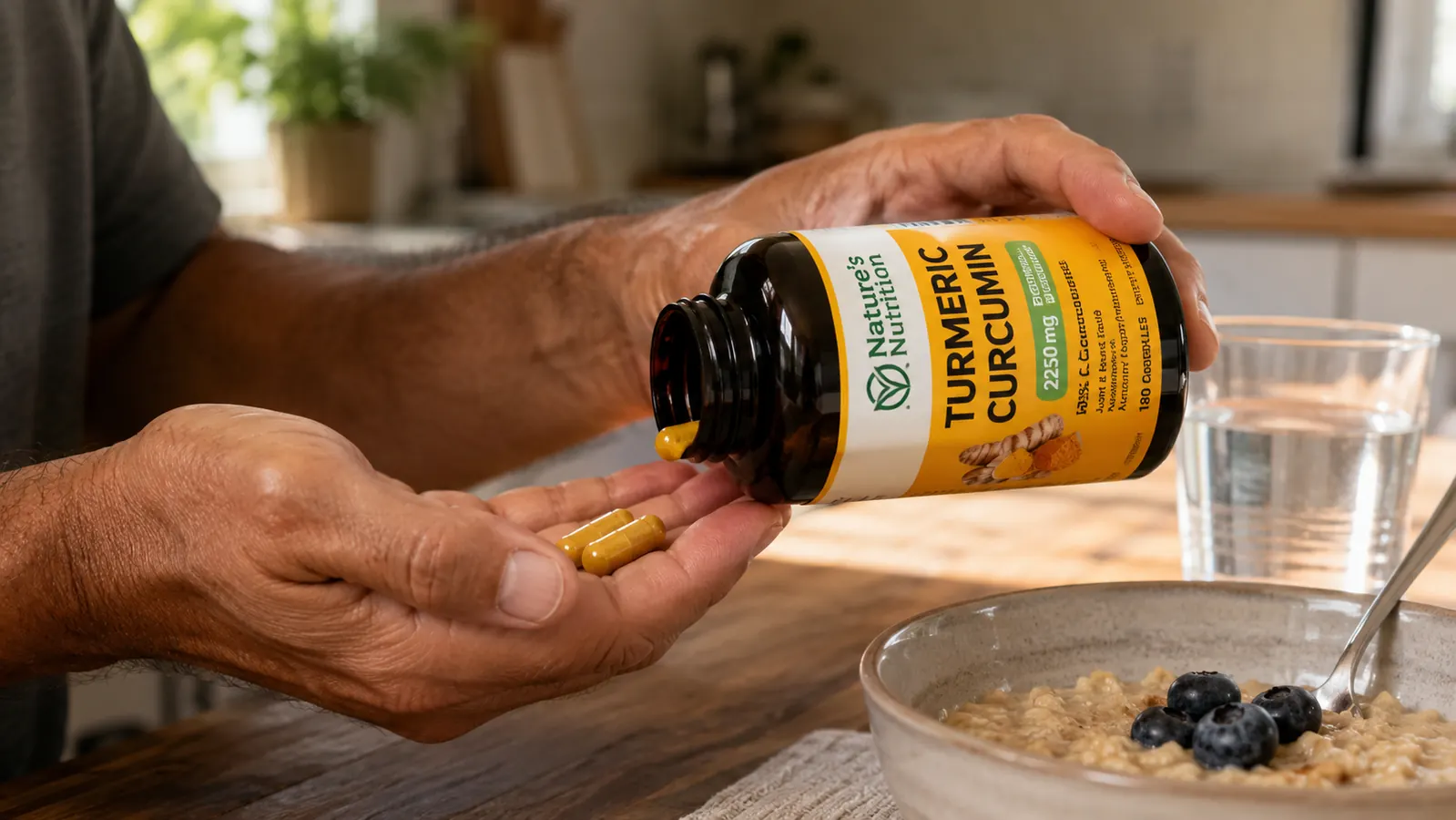 Hand shaking two turmeric curcumin capsules into a palm next to a glass of water and a bowl of oatmeal