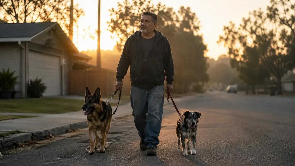 A man in his 50s walking two dogs on a quiet residential sidewalk in early morning light