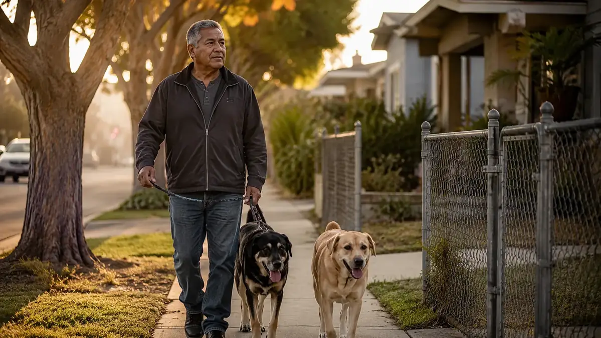 Man walking two dogs on leashes down a quiet street in early morning light with relaxed, upright posture