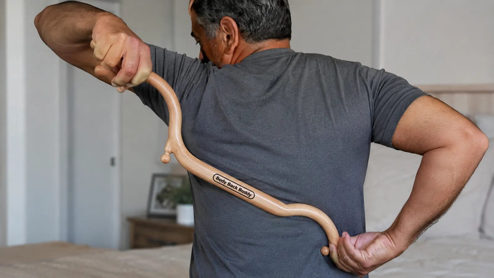 Hands using a two-handled trigger point massage cane to press the S-curve hook into the lower back