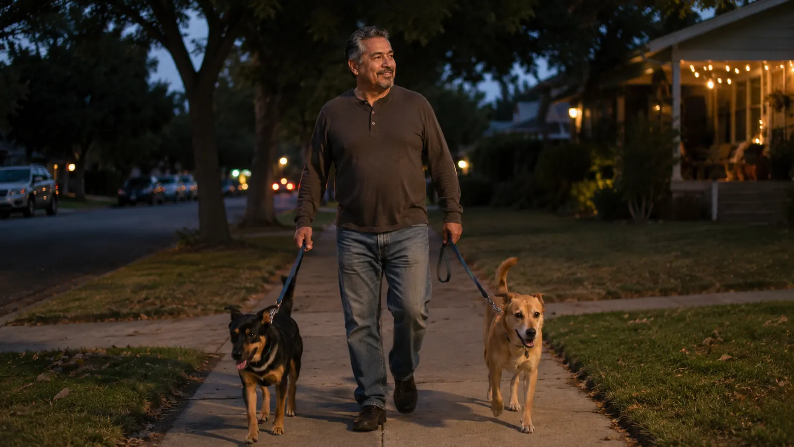 Man walking two dogs on a quiet evening street after finishing a work shift