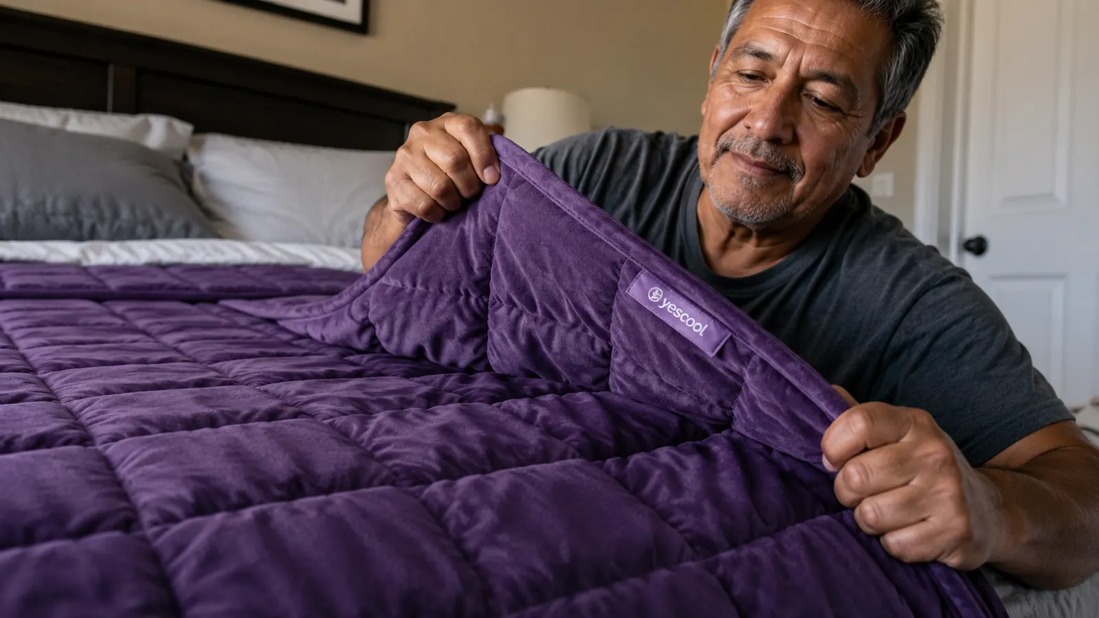 Hands pulling a heavy weighted blanket up over a shoulder in bed, glass beads visible through the quilted fabric