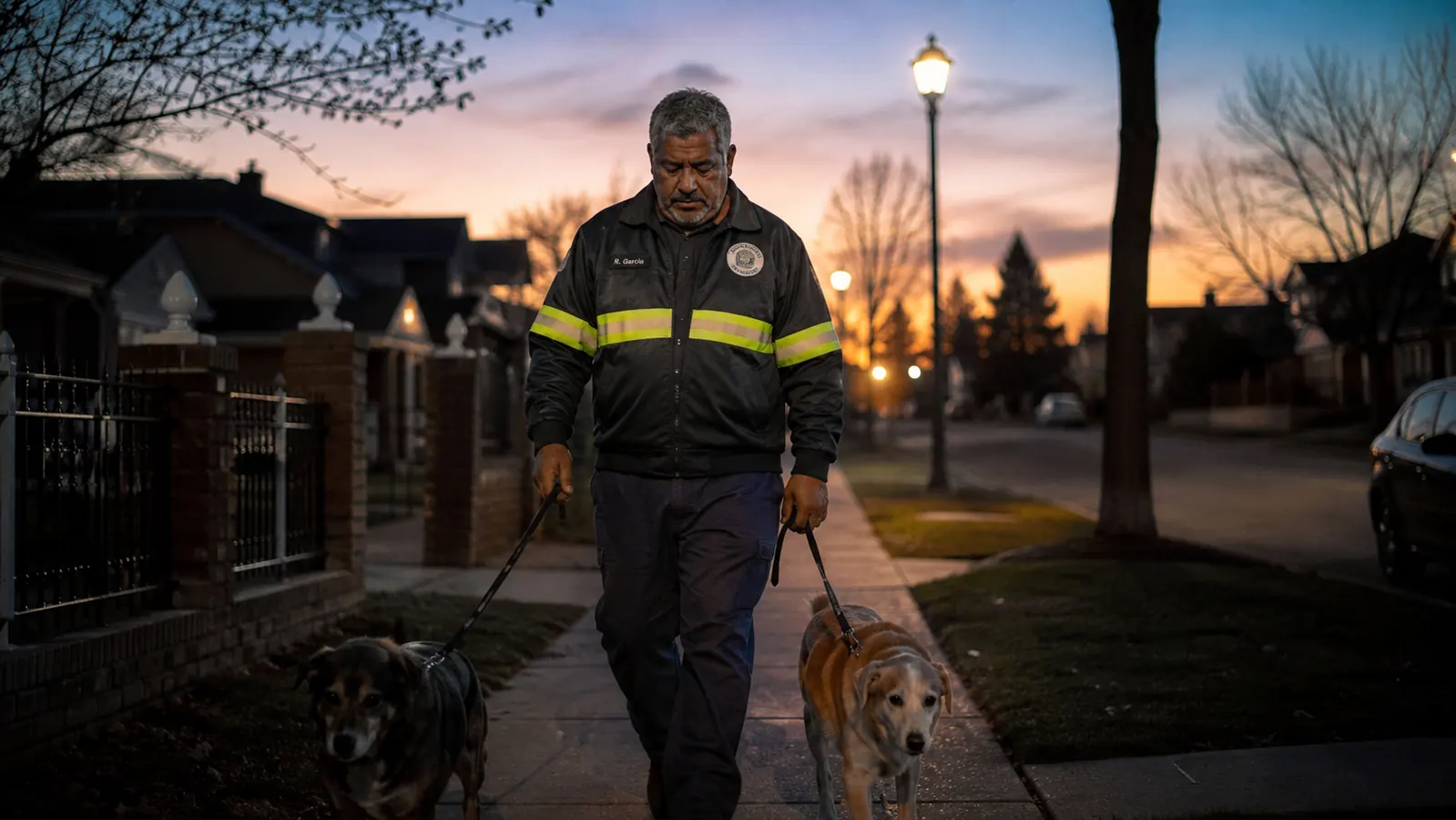 Man in work uniform walking two dogs down a quiet street at dawn, heading home after a night shift