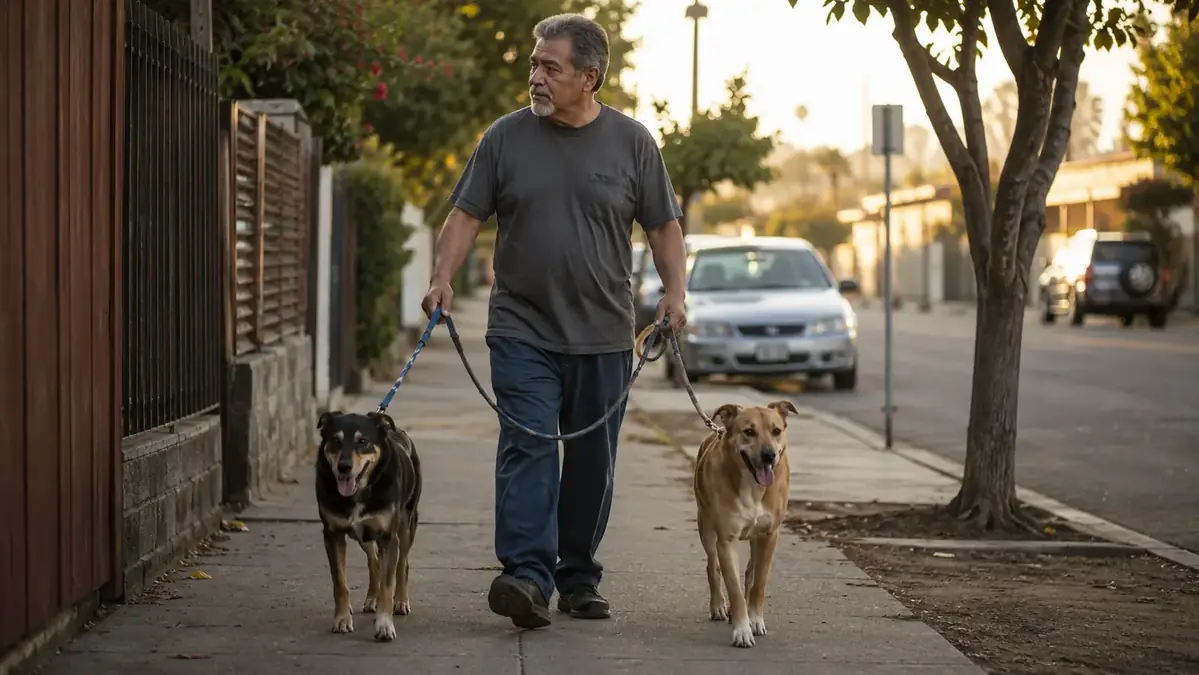 A man walking two dogs down a quiet residential sidewalk in early morning light before his shift
