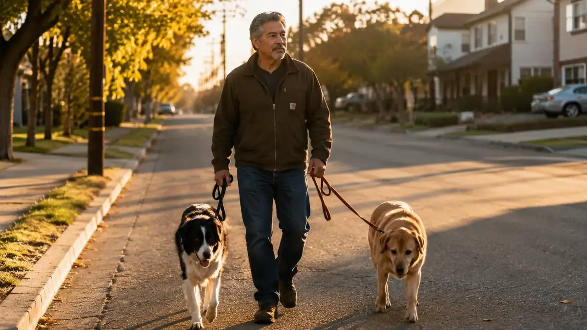 Man walking two dogs down a quiet street in early morning light before heading to work