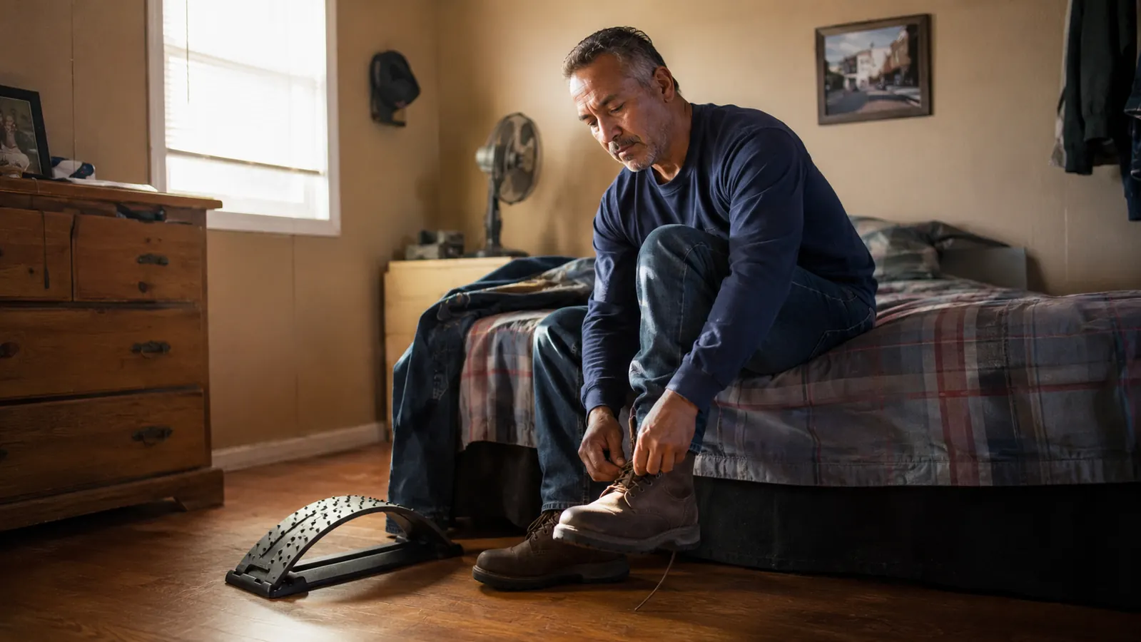A man in his fifties lacing up work boots after finishing his morning back stretch routine
