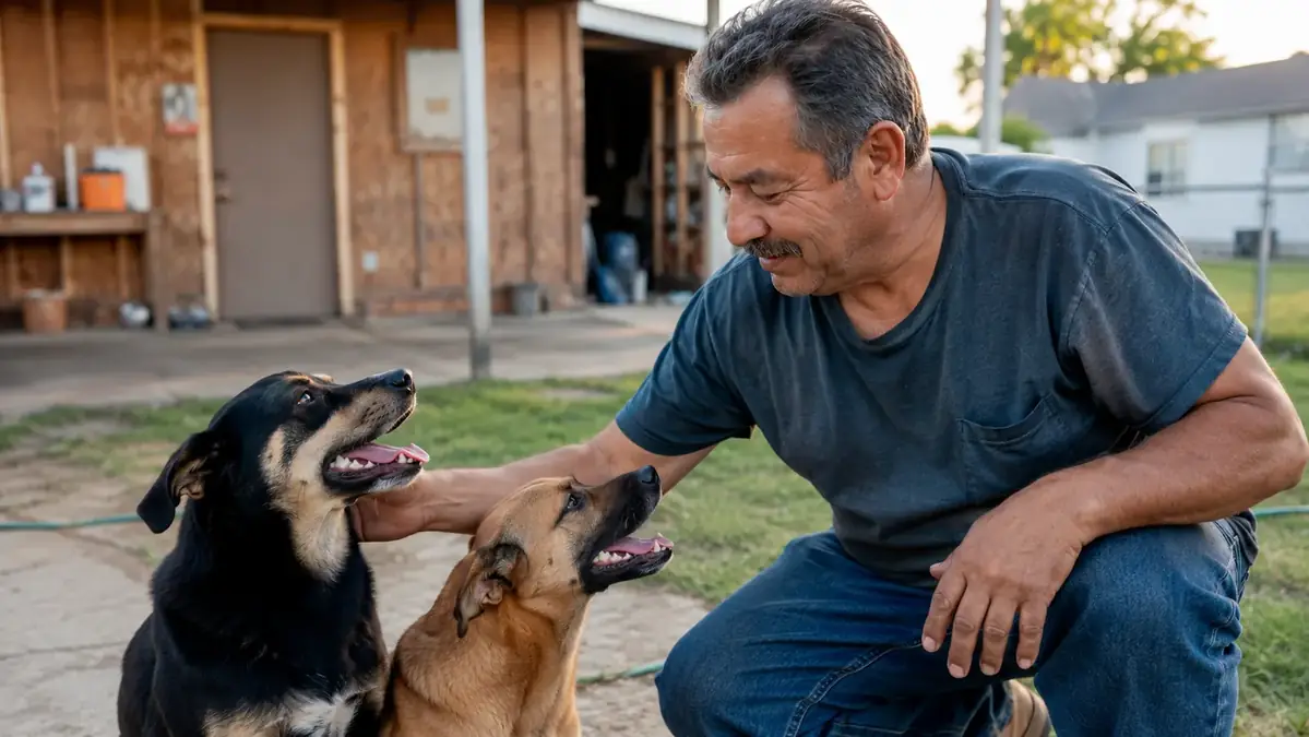 A man kneeling down in a backyard to greet two dogs, one hand braced on his knee for balance