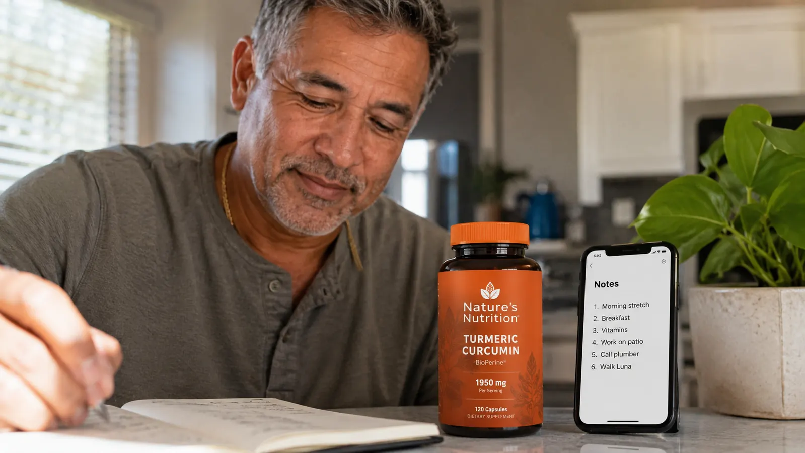 Bottle of Nature's Nutrition Turmeric Curcumin capsules on a kitchen counter next to a phone showing a notes app tracking pain scores