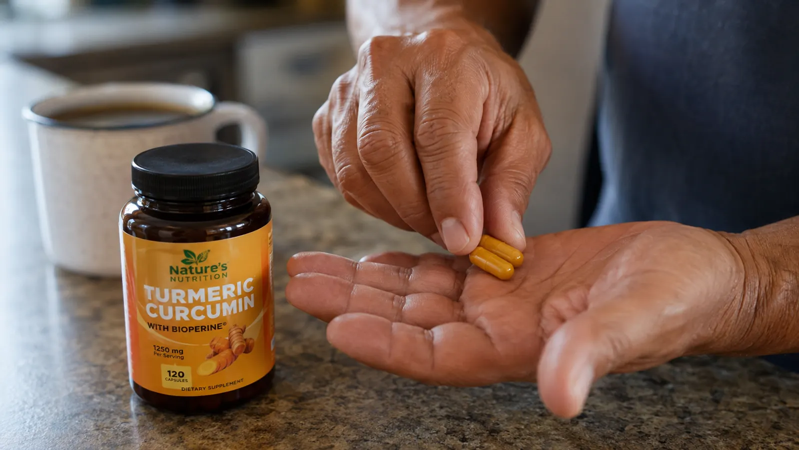 Close-up of a hand holding two turmeric capsules over an open palm, faint steam rising from a coffee mug in the background