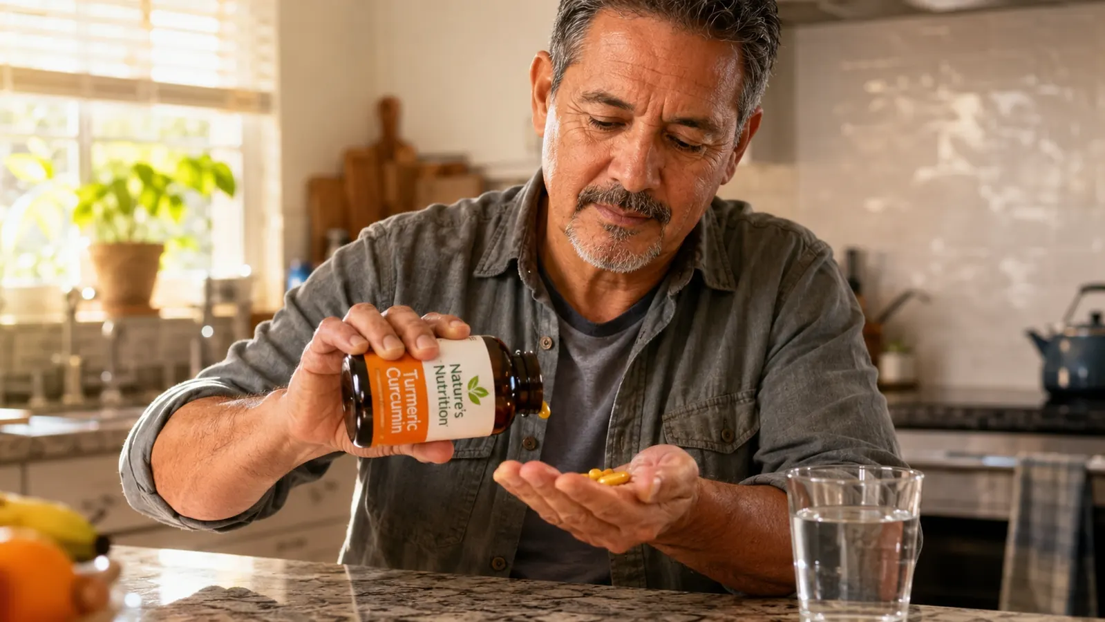 Hand shaking a Nature's Nutrition Turmeric Curcumin capsule into a palm next to a glass of water on a kitchen counter