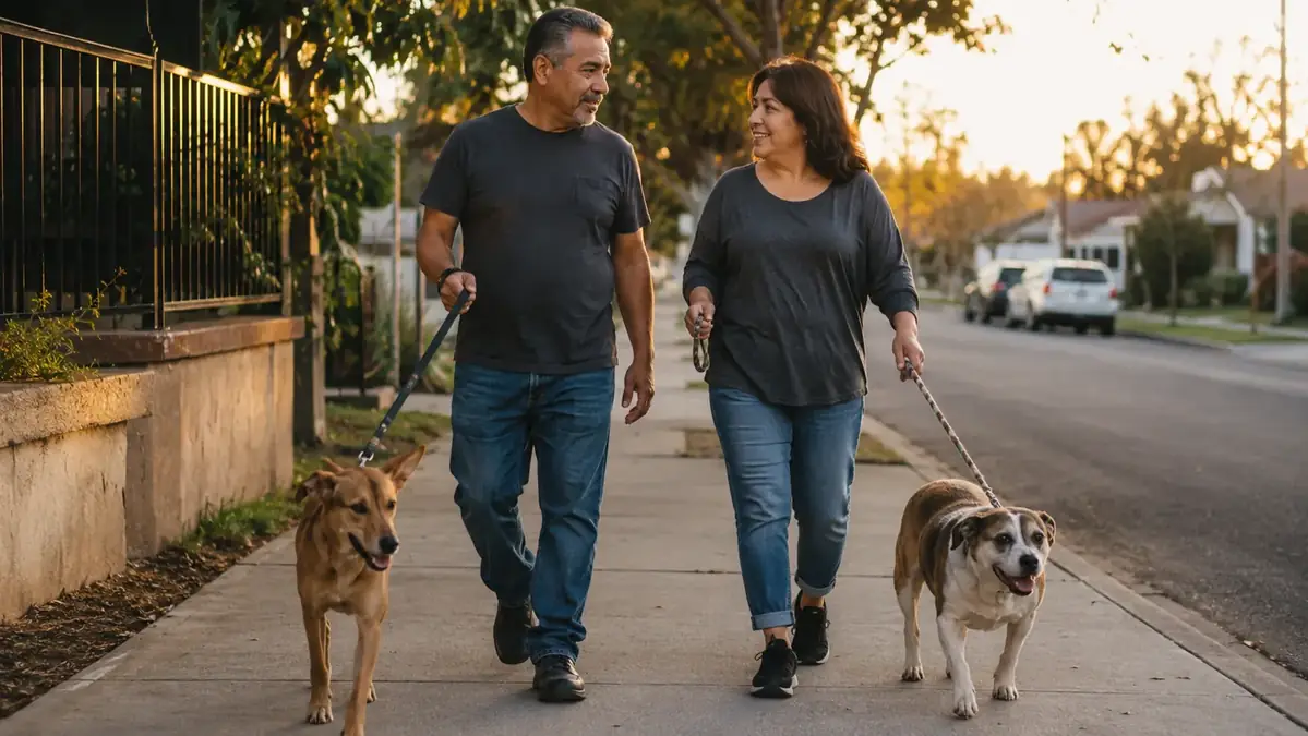 Man and his wife walking two dogs on a neighborhood sidewalk in the evening
