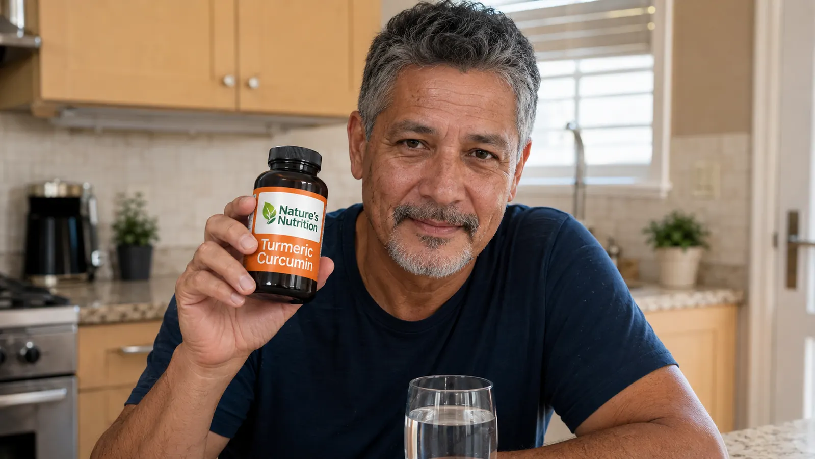 A hand holding a bottle of turmeric curcumin capsules next to a glass of water on a kitchen counter