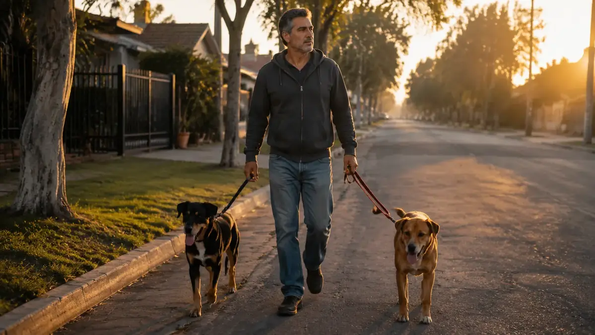 Man walking two dogs on a quiet neighborhood street at sunrise after finishing a night shift