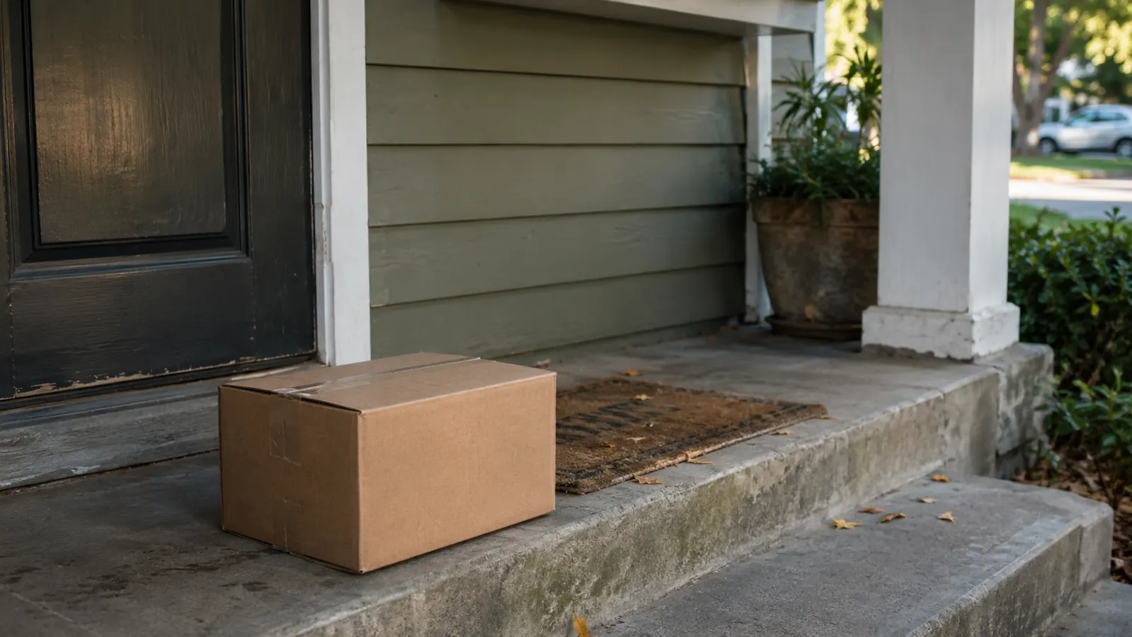 A cardboard delivery box sitting on a porch step next to a welcome mat in early morning light