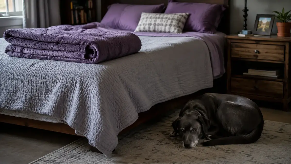 Purple weighted blanket folded neatly at the foot of a made bed in soft morning light with a lab mix dog resting nearby