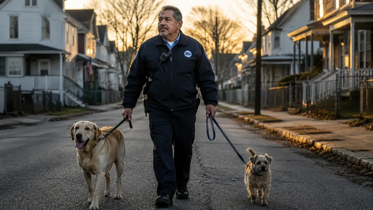 Man in work uniform walking two dogs on a quiet street just before sunrise
