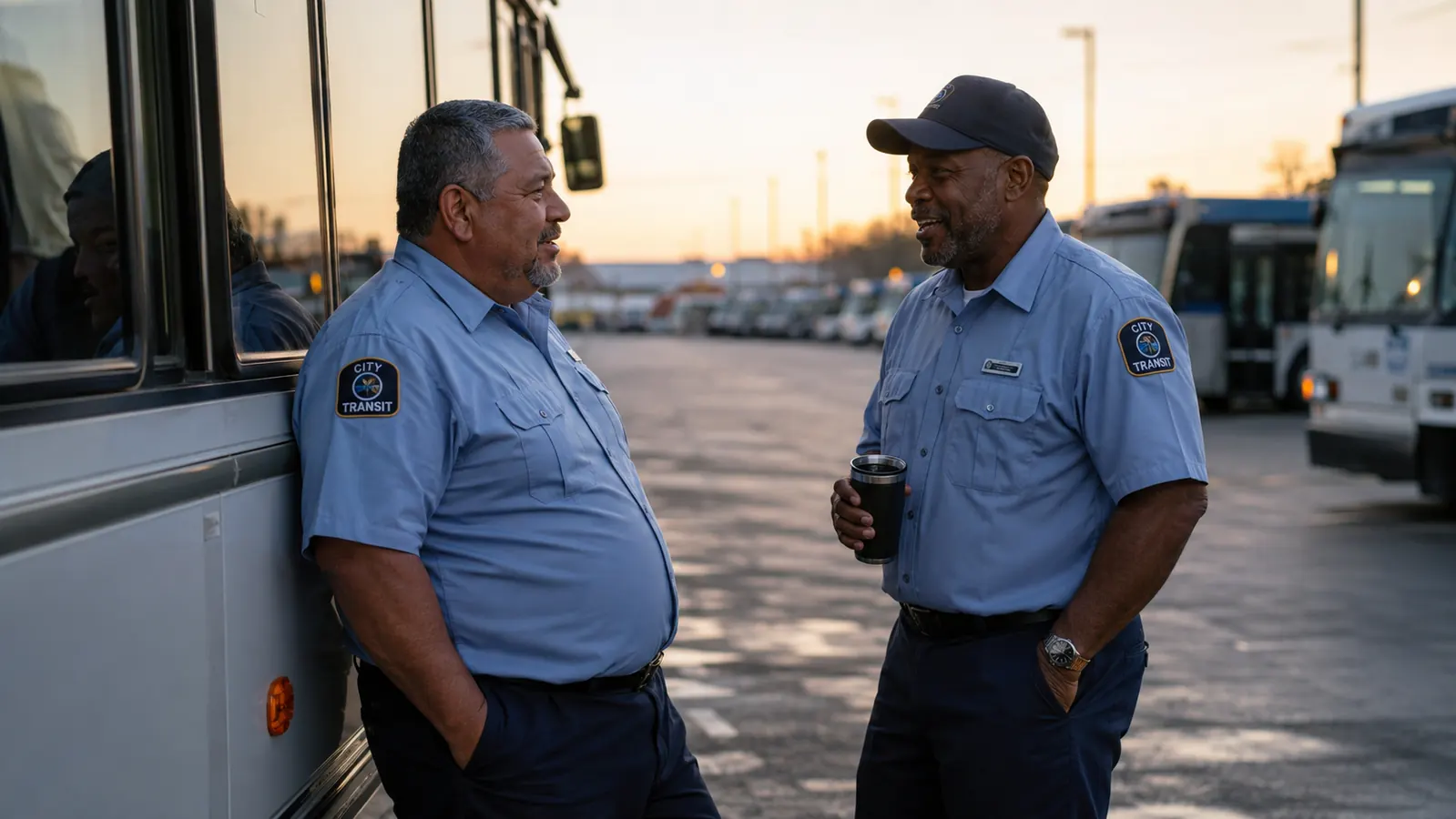 Two coworkers in bus driver uniforms talking beside a parked city bus at a depot