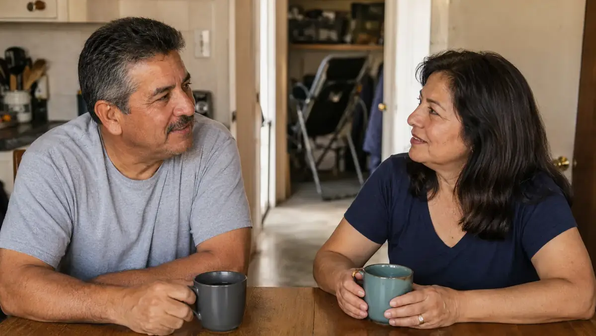 A man and woman sitting at a kitchen table with coffee mugs, morning light through a window, a folded inversion table visible in the background