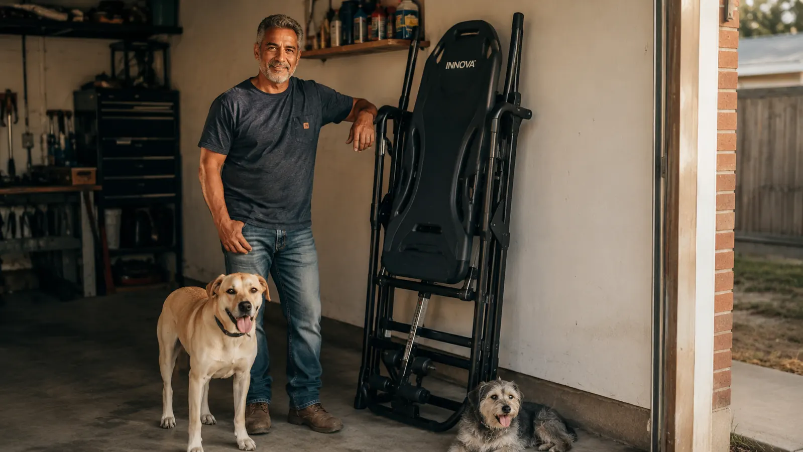 Man standing upright next to a folded inversion table stored against a garage wall