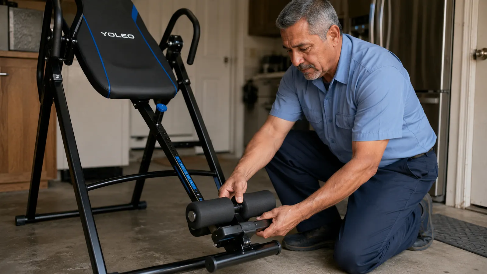 Man in a bus driver uniform shirt adjusting the ankle lock system on the YOLEO inversion table before a session